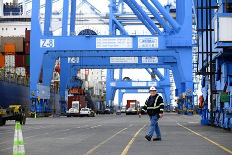 Containers are being offloaded in the port of Philadelphia, April 2025